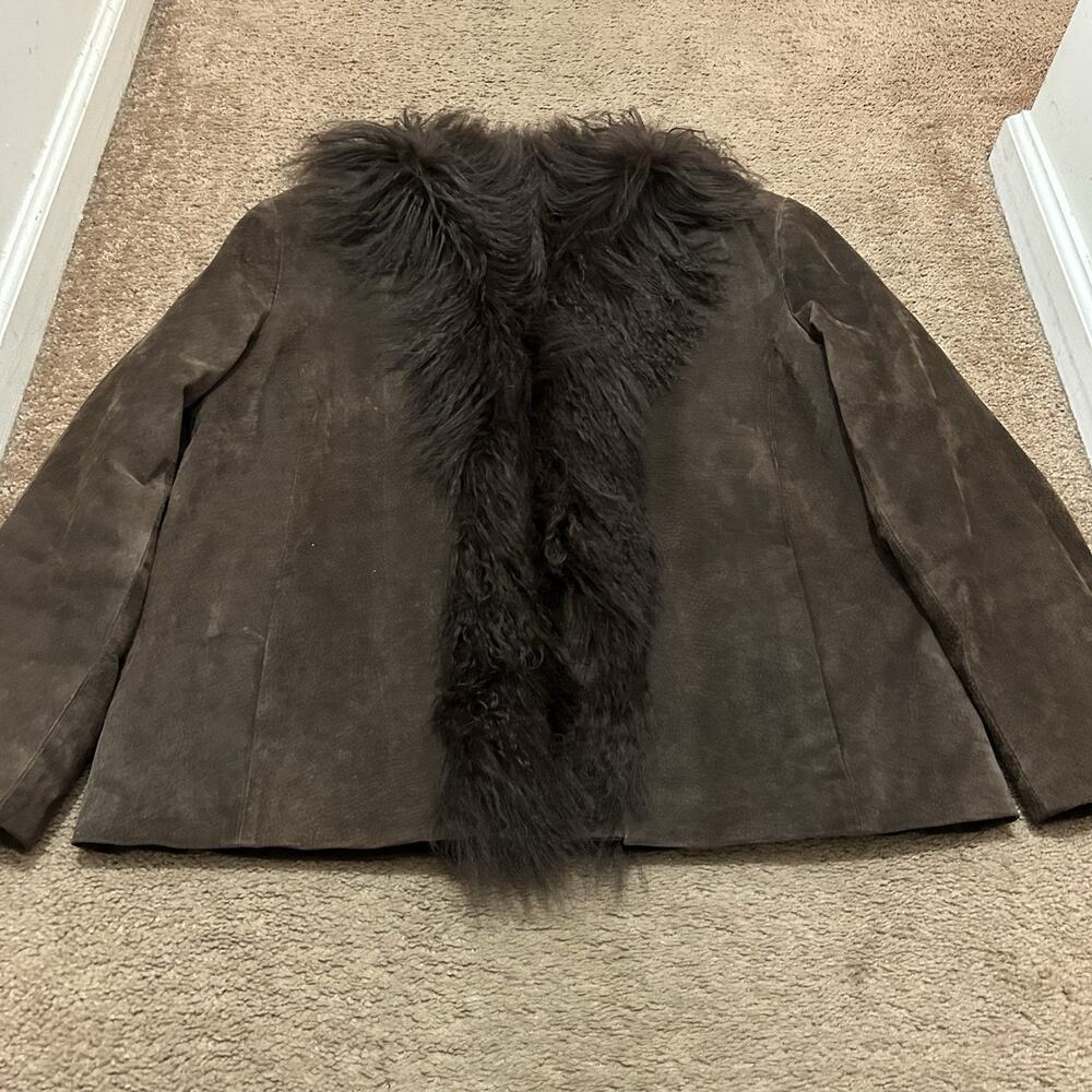 Vintage Chicos Penny Lane Jacket Suede & Real Mongolian Fur Collar Size 3 Brown